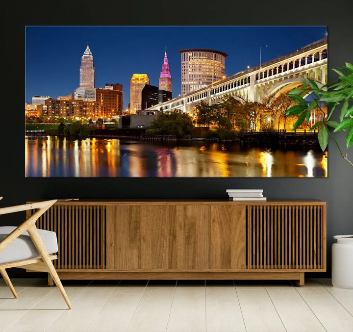 Cleveland Night Skyline Cityscape Large Wall Art Canvas Print