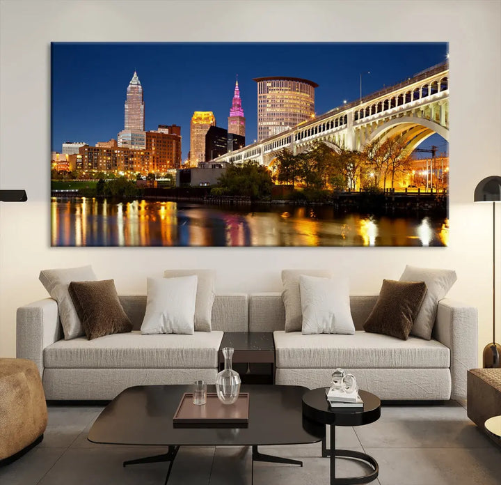 Cleveland Night Skyline Cityscape Large Wall Art Canvas Print