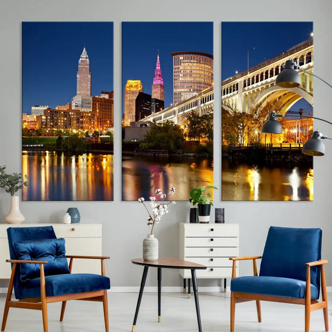 Cleveland Night Skyline Cityscape Large Wall Art Canvas Print