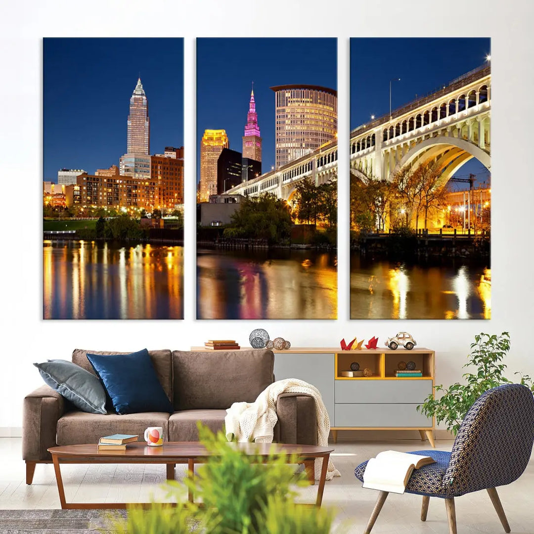 Cleveland Night Skyline Cityscape Large Wall Art Canvas Print