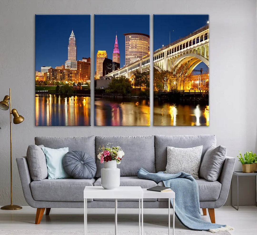 Cleveland Night Skyline Cityscape Large Wall Art Canvas Print