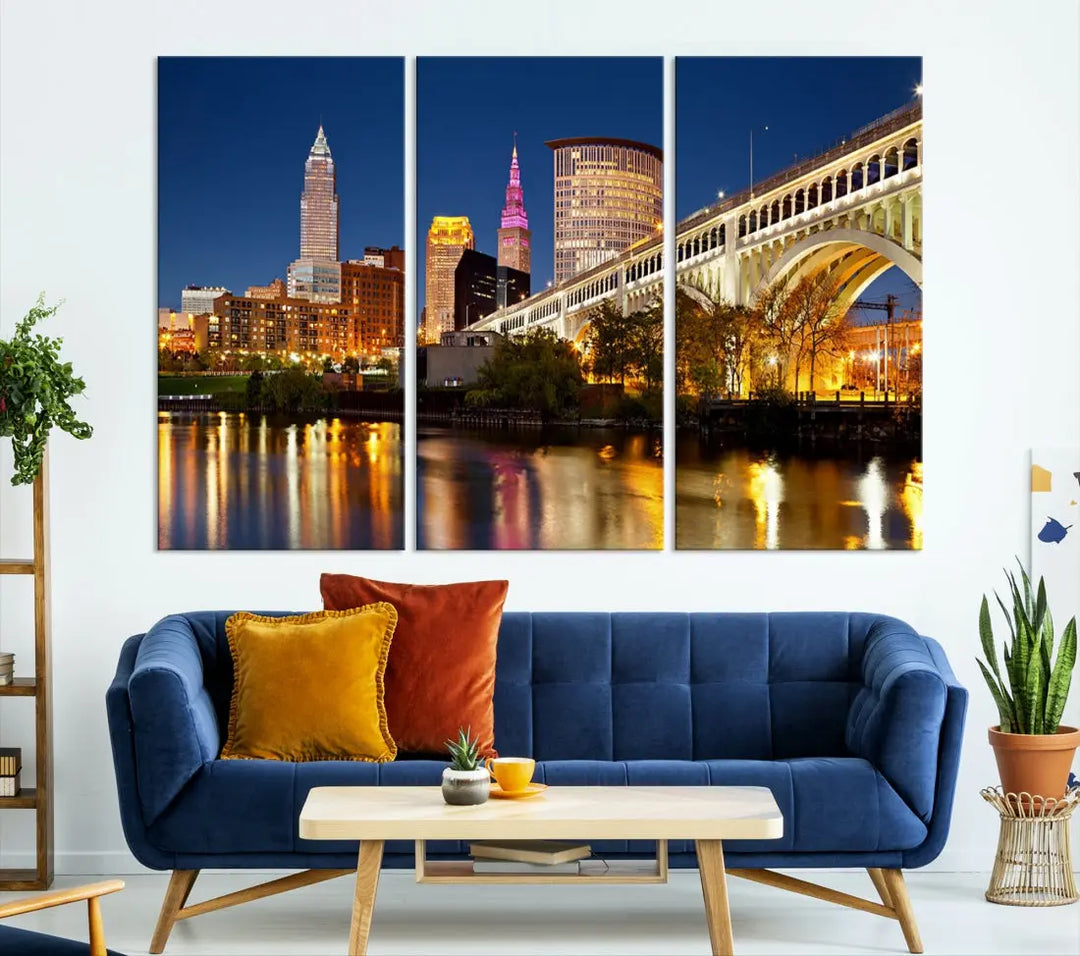 Cleveland Night Skyline Cityscape Large Wall Art Canvas Print