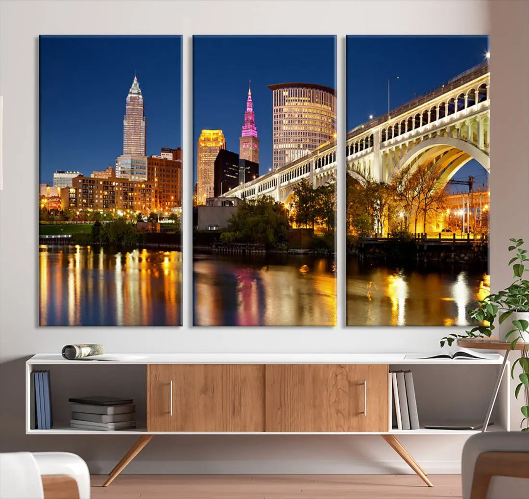 Cleveland Night Skyline Cityscape Large Wall Art Canvas Print