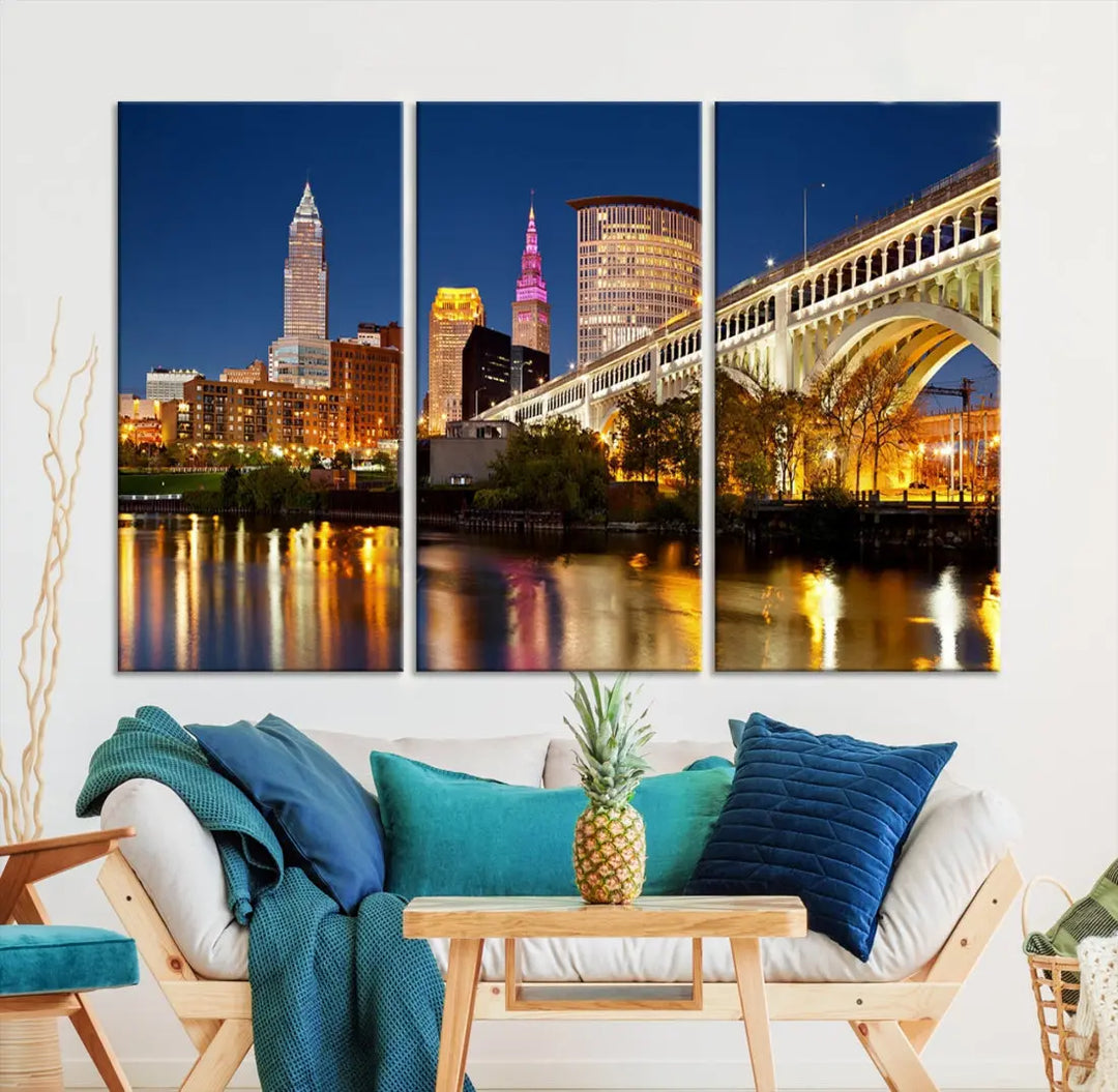 Cleveland Night Skyline Cityscape Large Wall Art Canvas Print