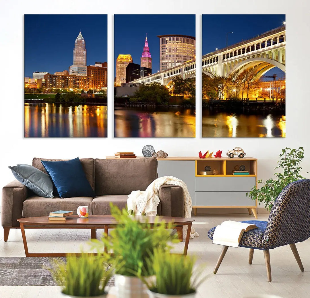 Cleveland Night Skyline Cityscape Large Wall Art Canvas Print