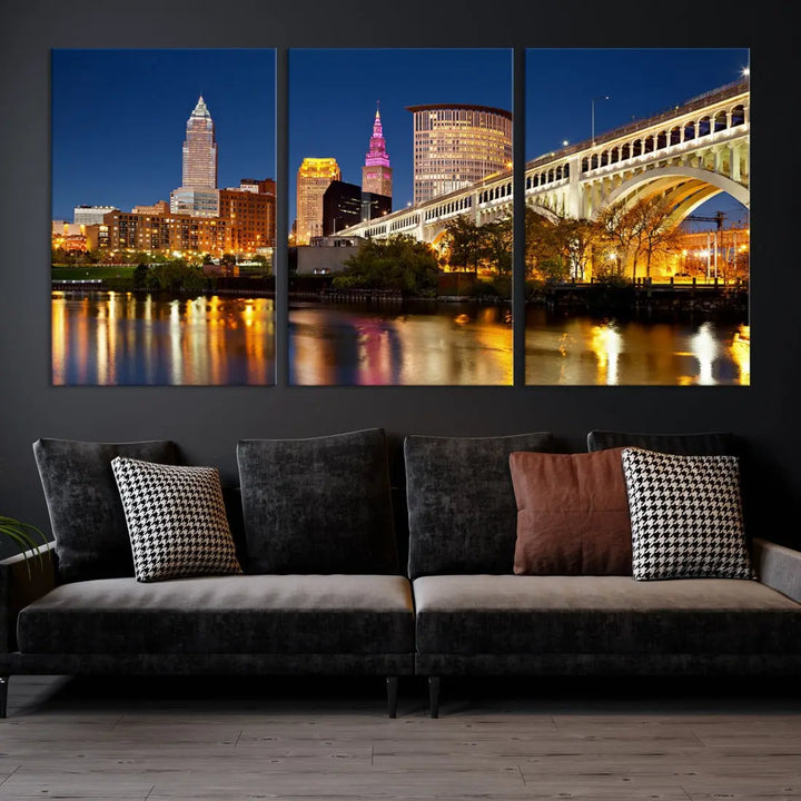 Cleveland Night Skyline Cityscape Large Wall Art Canvas Print