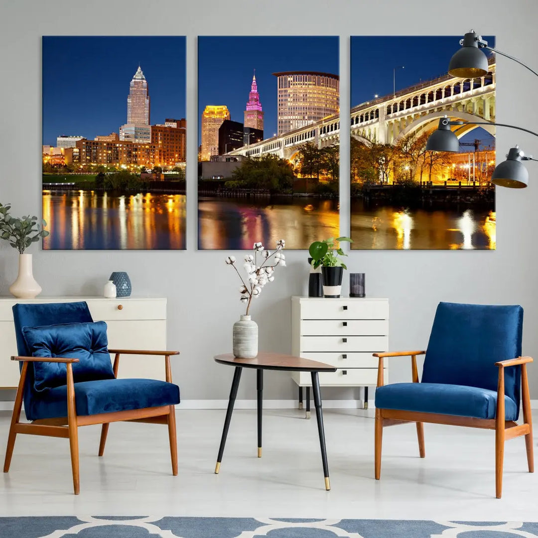 Cleveland Night Skyline Cityscape Large Wall Art Canvas Print