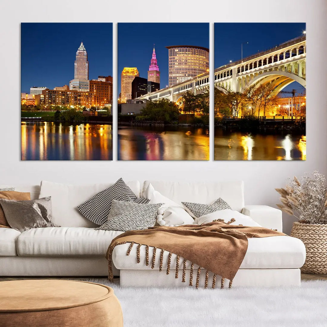 Cleveland Night Skyline Cityscape Large Wall Art Canvas Print