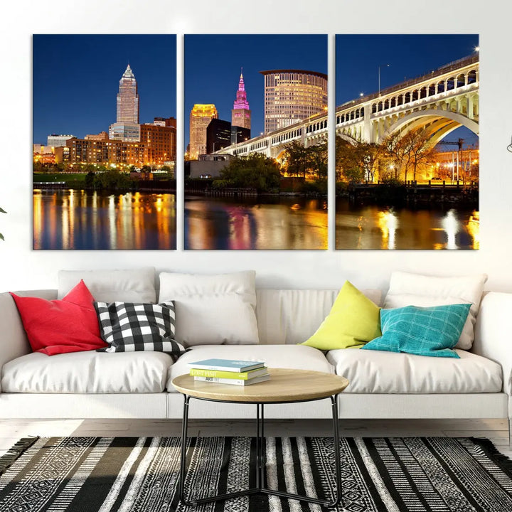 Cleveland Night Skyline Cityscape Large Wall Art Canvas Print