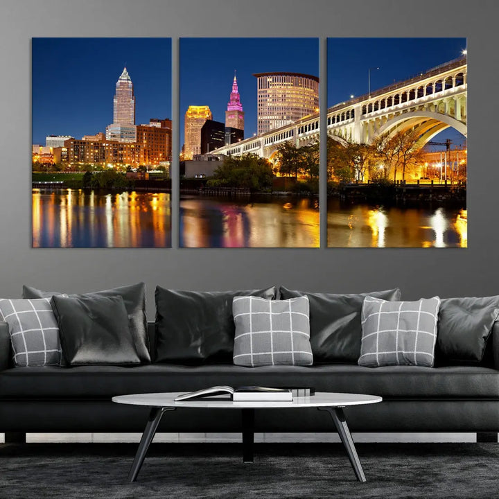 Cleveland Night Skyline Cityscape Large Wall Art Canvas Print