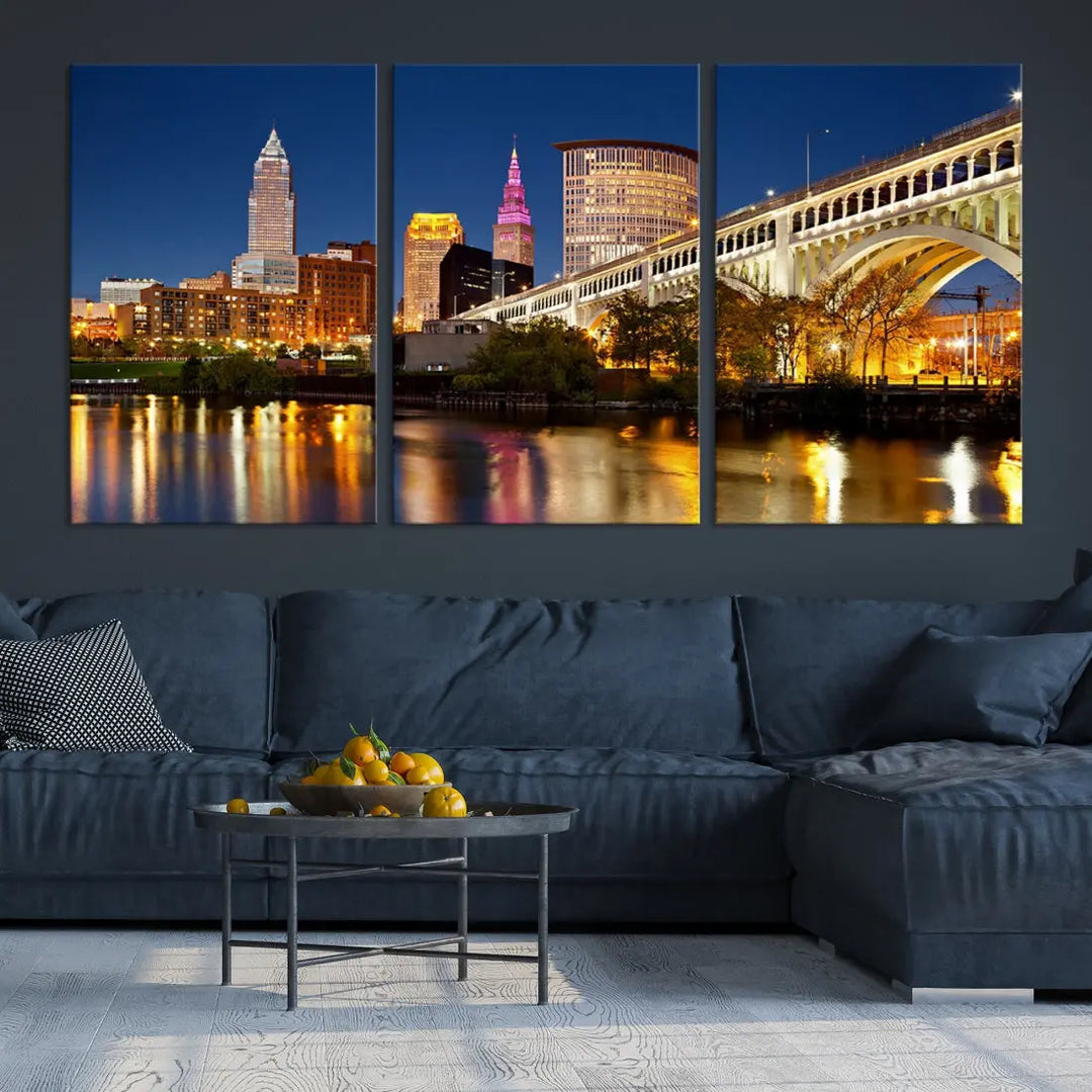 Cleveland Night Skyline Cityscape Large Wall Art Canvas Print