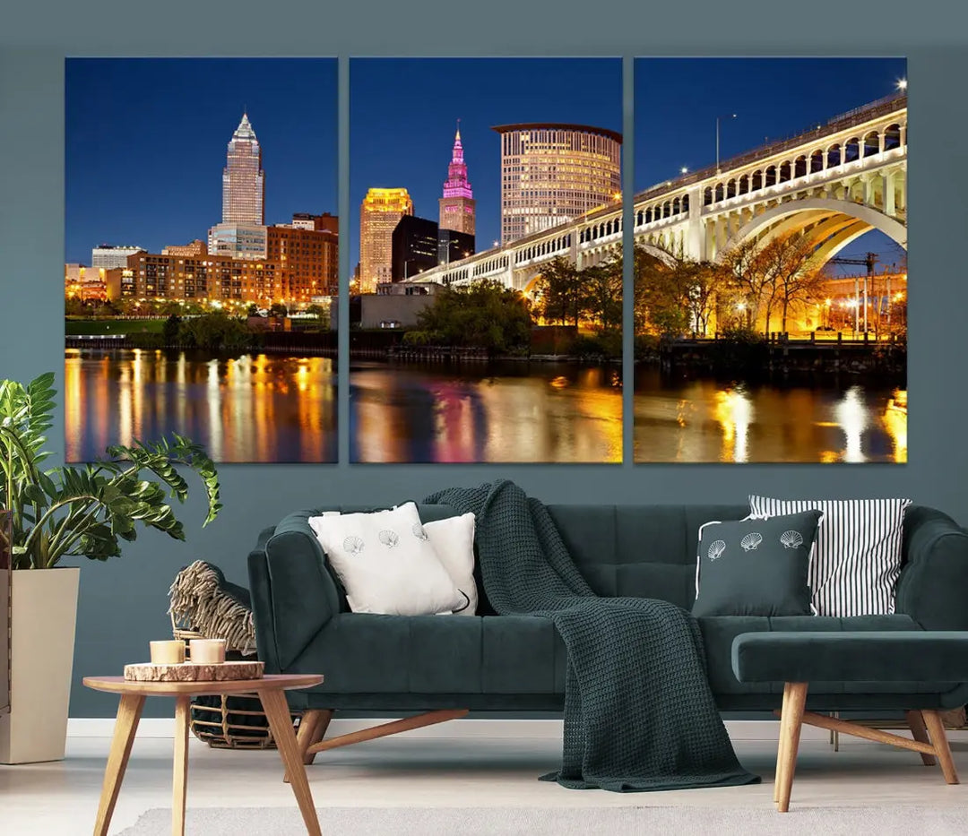 Cleveland Night Skyline Cityscape Large Wall Art Canvas Print