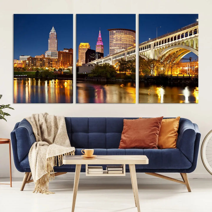 Cleveland Night Skyline Cityscape Large Wall Art Canvas Print