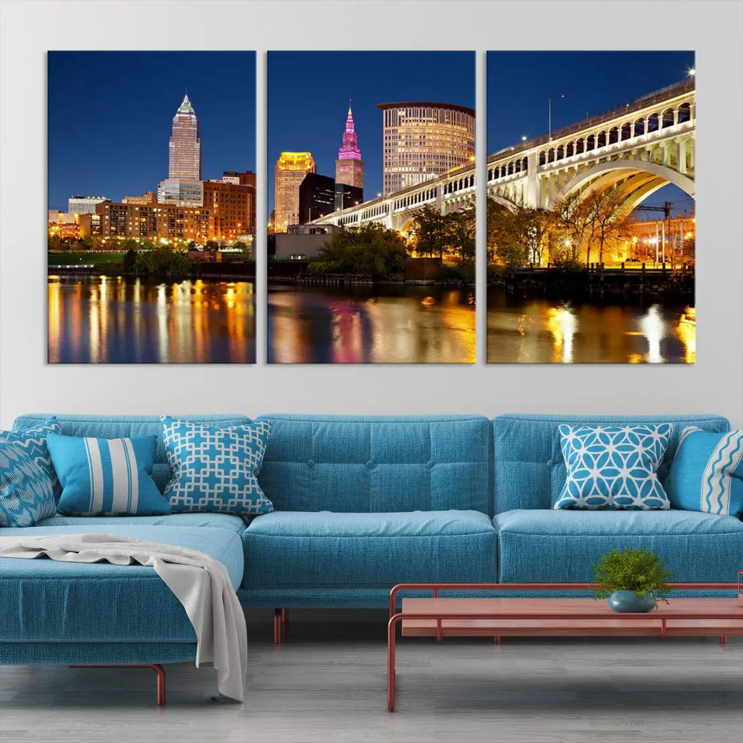 Cleveland Night Skyline Cityscape Large Wall Art Canvas Print