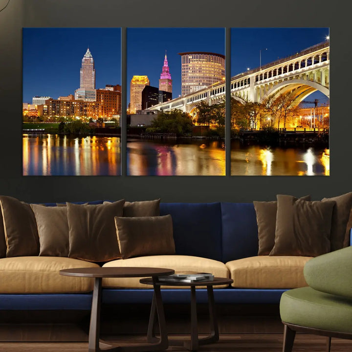 Cleveland Night Skyline Cityscape Large Wall Art Canvas Print