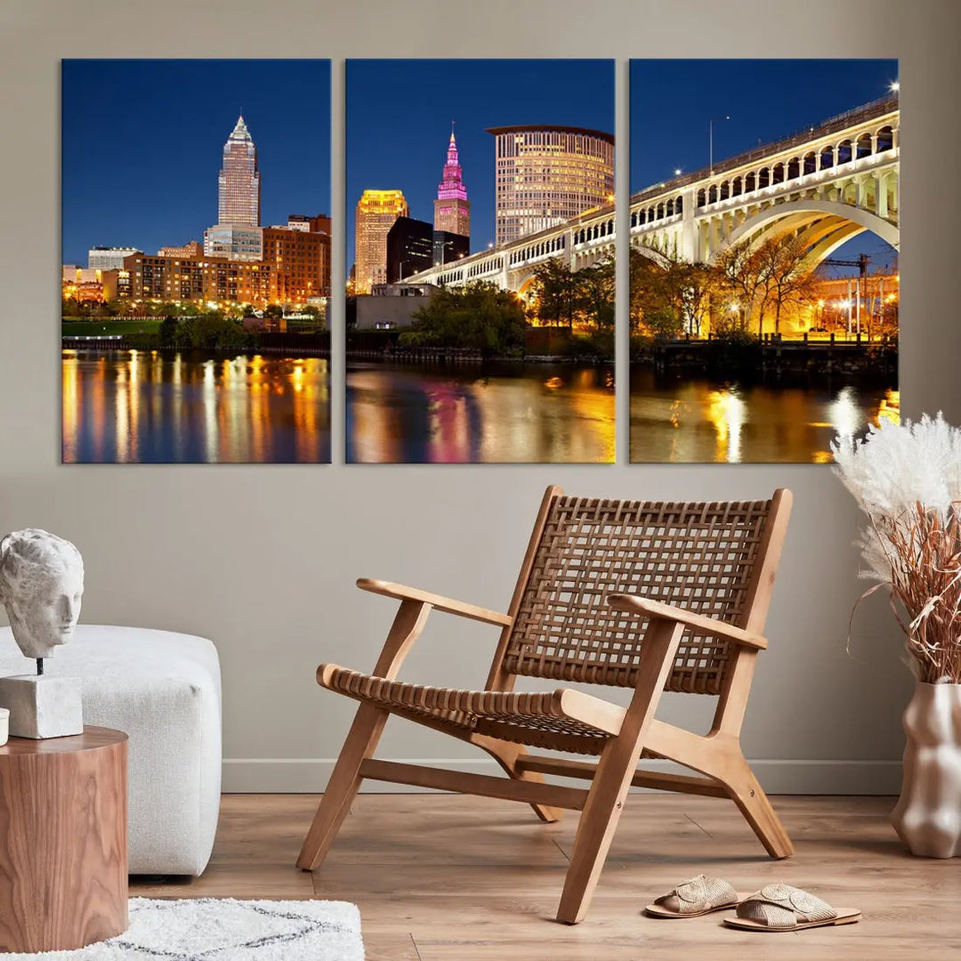 Cleveland Night Skyline Cityscape Large Wall Art Canvas Print