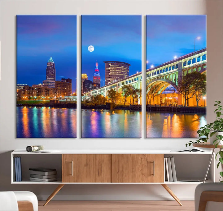 Cleveland Purple Night Skyline Wall Art Print Cityscape Canvas Ready to Hang