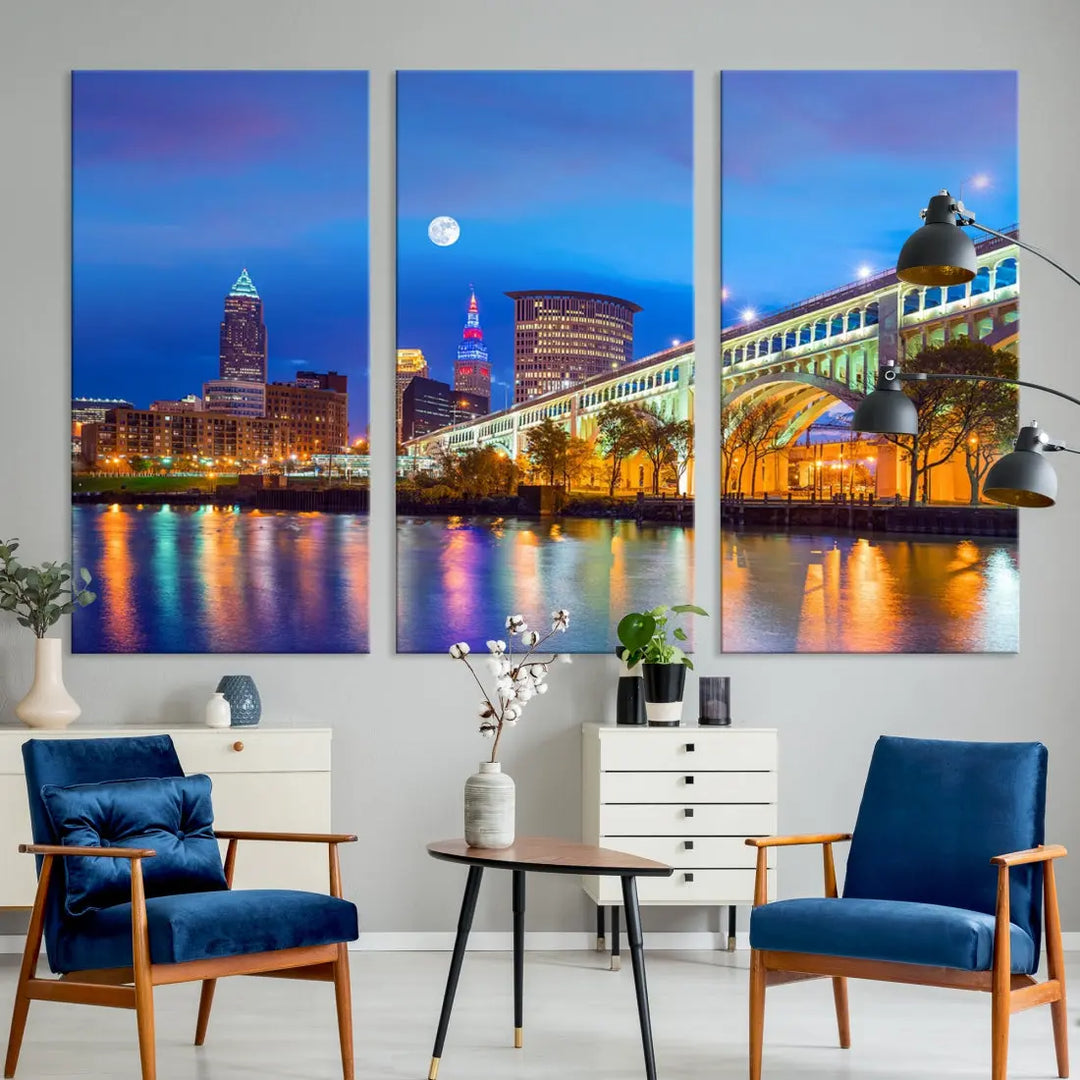 Cleveland Purple Night Skyline Wall Art Print Cityscape Canvas Ready to Hang