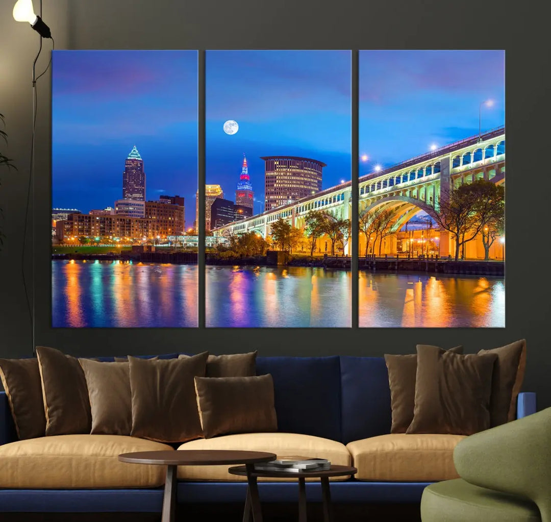 Cleveland Purple Night Skyline Wall Art Print Cityscape Canvas Ready to Hang