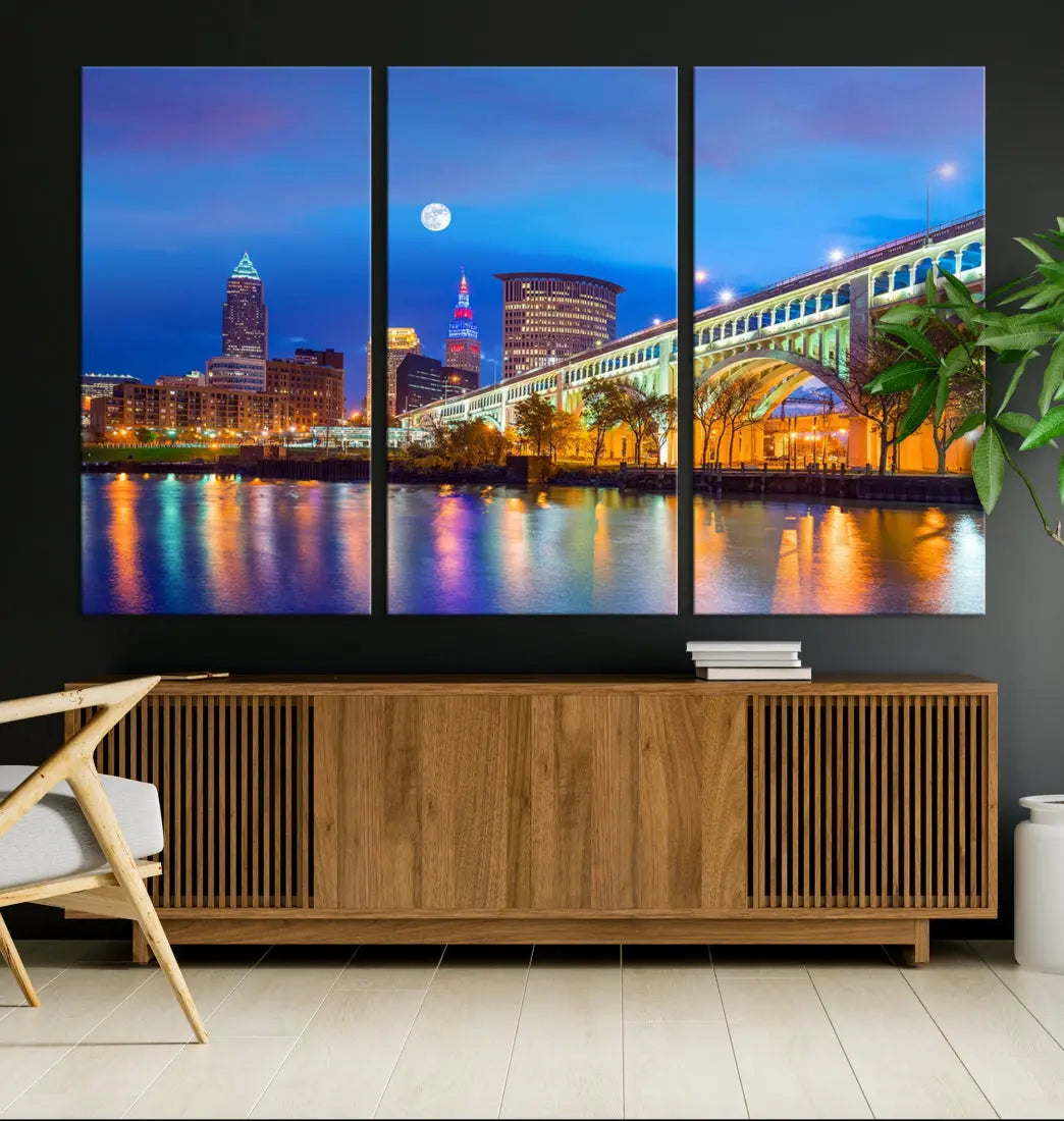 Cleveland Purple Night Skyline Wall Art Print Cityscape Canvas Ready to Hang