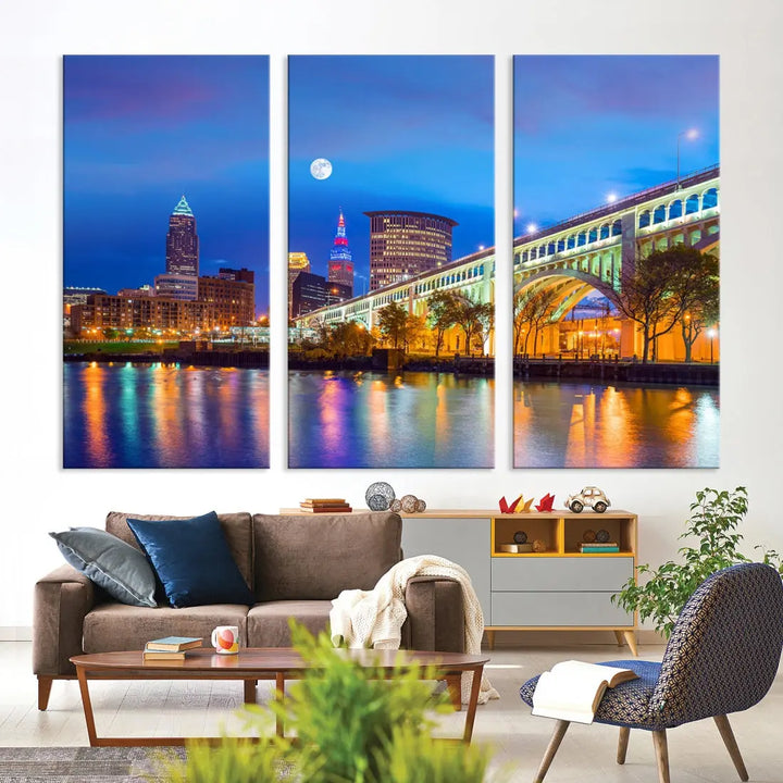 Cleveland Purple Night Skyline Wall Art Print Cityscape Canvas Ready to Hang