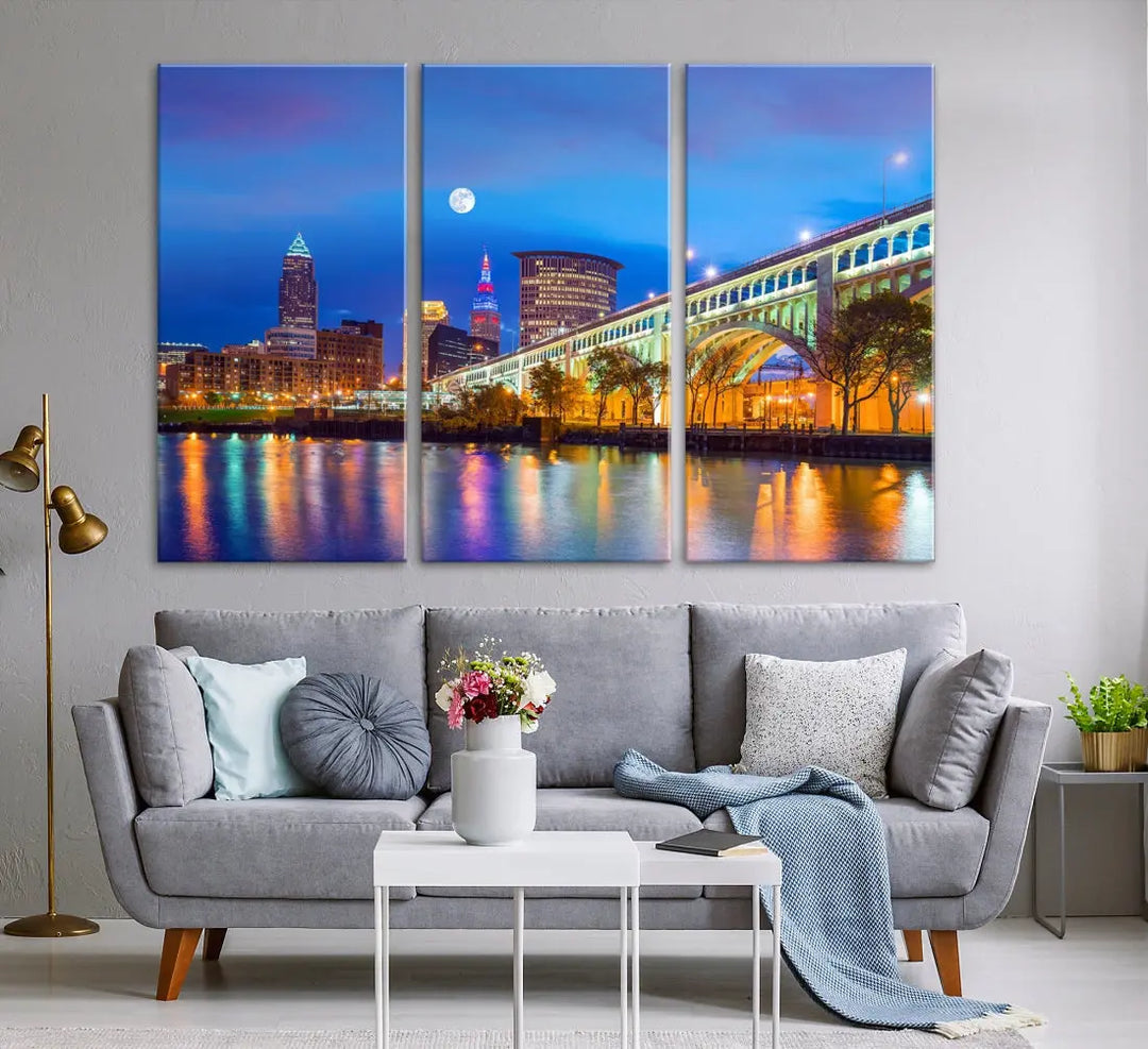 Cleveland Purple Night Skyline Wall Art Print Cityscape Canvas Ready to Hang