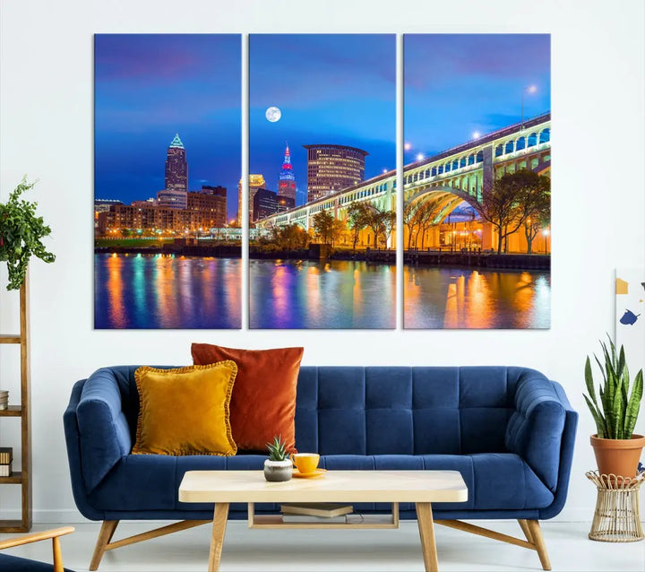 Cleveland Purple Night Skyline Wall Art Print Cityscape Canvas Ready to Hang