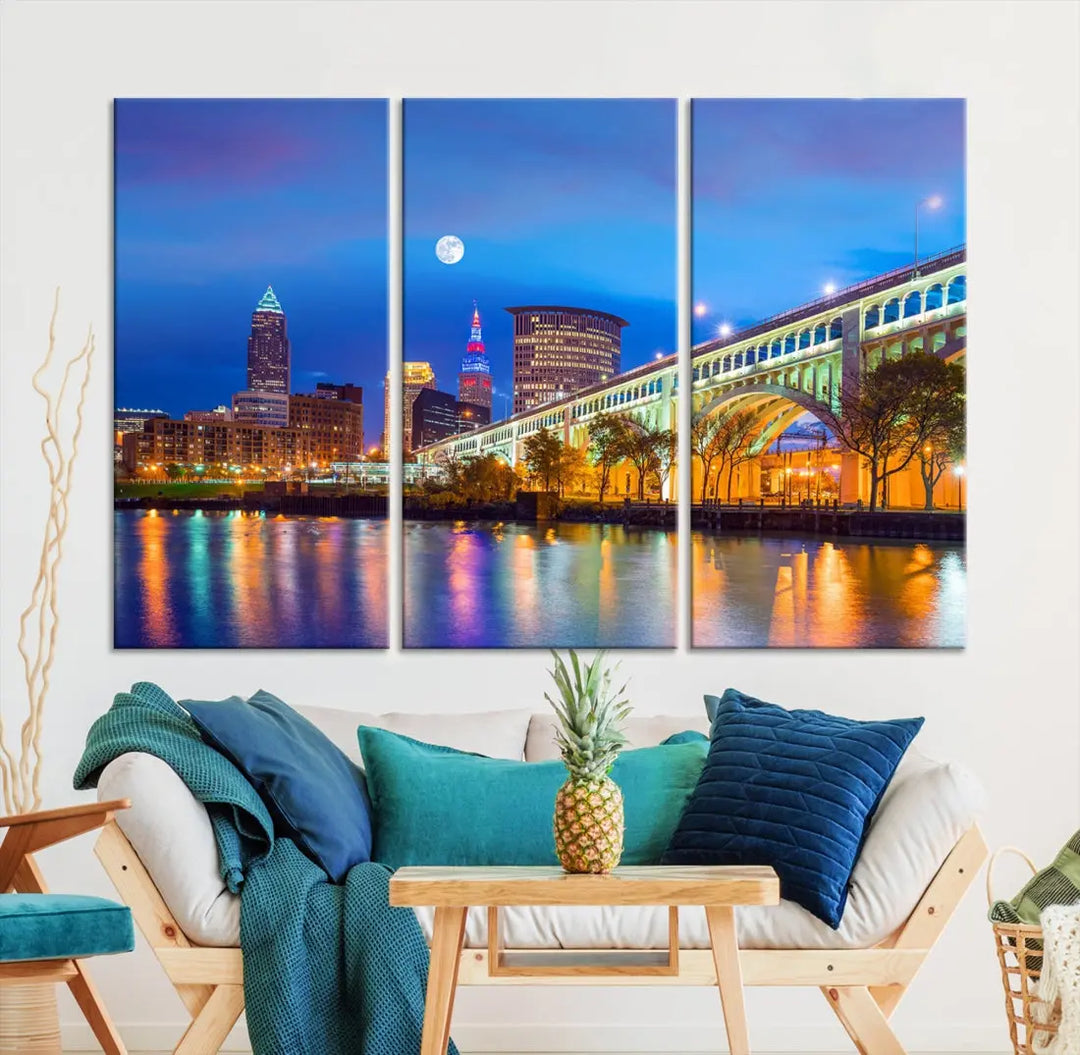 Cleveland Purple Night Skyline Wall Art Print Cityscape Canvas Ready to Hang