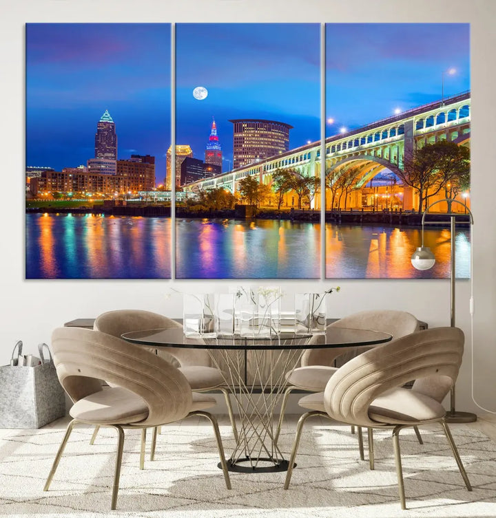 Cleveland Purple Night Skyline Wall Art Print Cityscape Canvas Ready to Hang