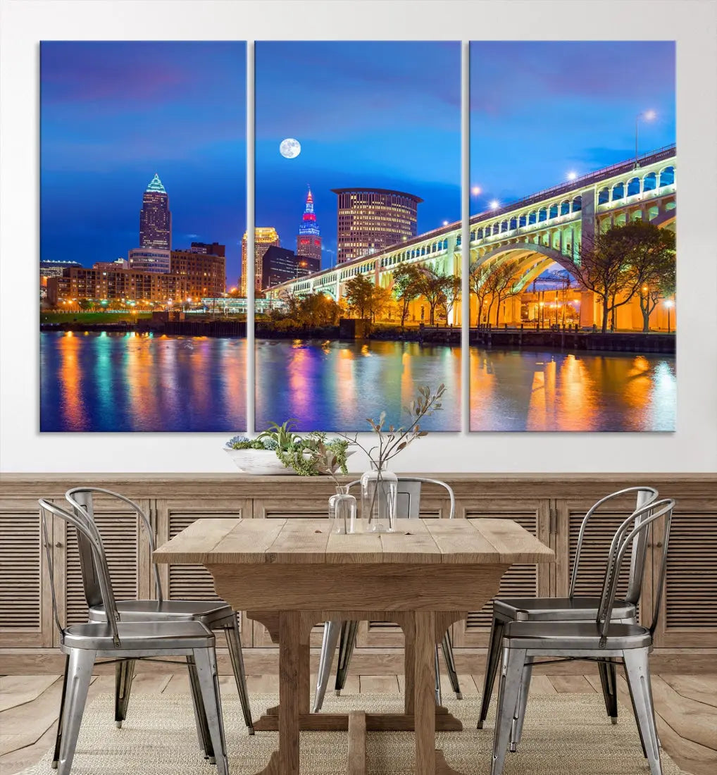 Cleveland Purple Night Skyline Wall Art Print Cityscape Canvas Ready to Hang