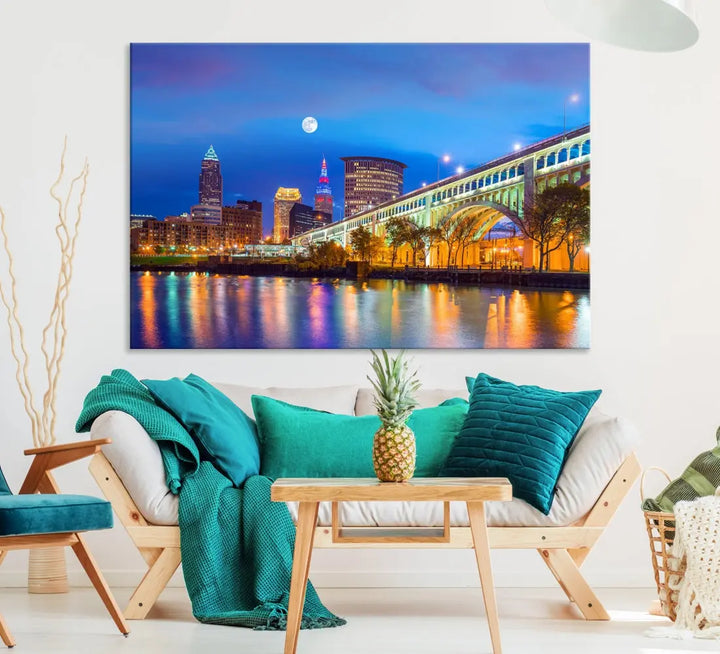 Cleveland Purple Night Skyline Wall Art Print Cityscape Canvas Ready to Hang