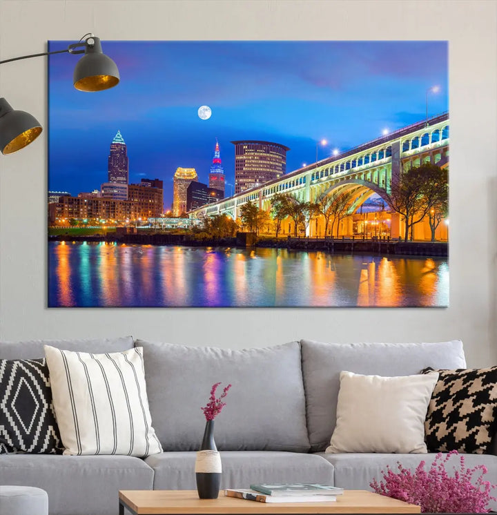 Cleveland Purple Night Skyline Wall Art Print Cityscape Canvas Ready to Hang