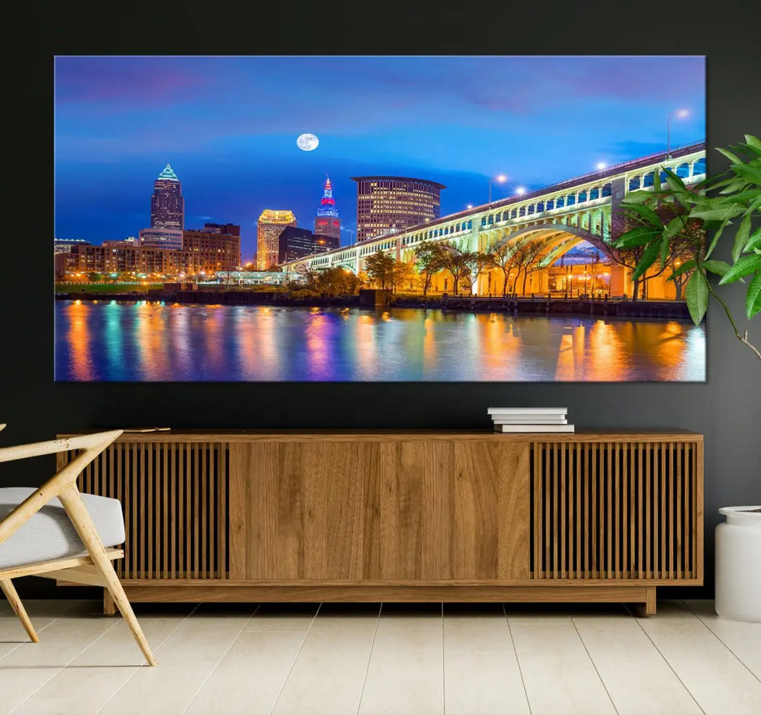 Cleveland Purple Night Skyline Wall Art Print Cityscape Canvas Ready to Hang