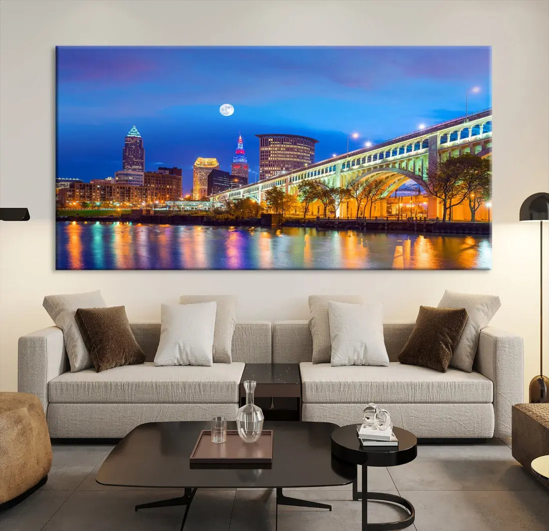 Cleveland Purple Night Skyline Wall Art Print Cityscape Canvas Ready to Hang