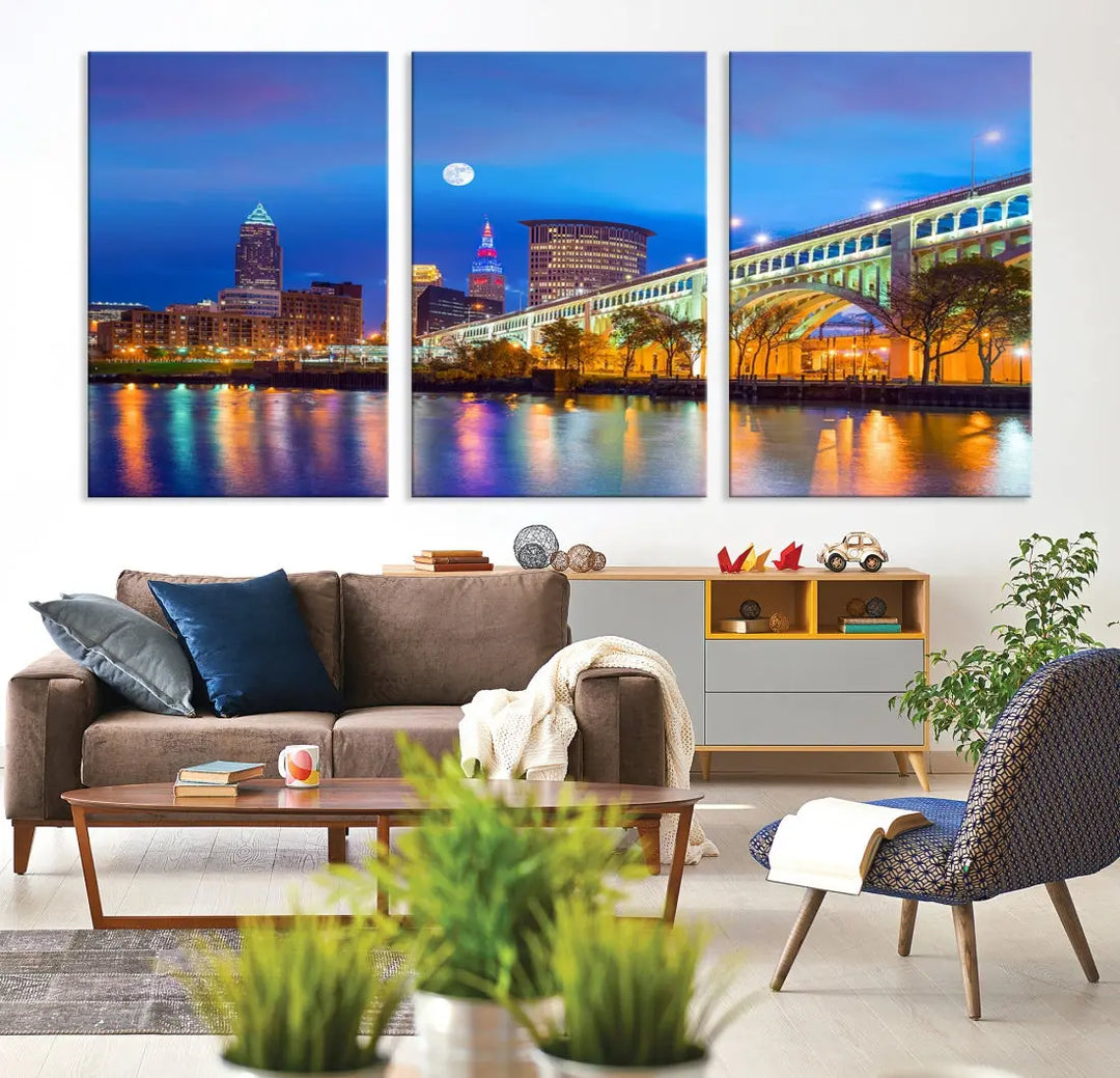 Cleveland Purple Night Skyline Wall Art Print Cityscape Canvas Ready to Hang