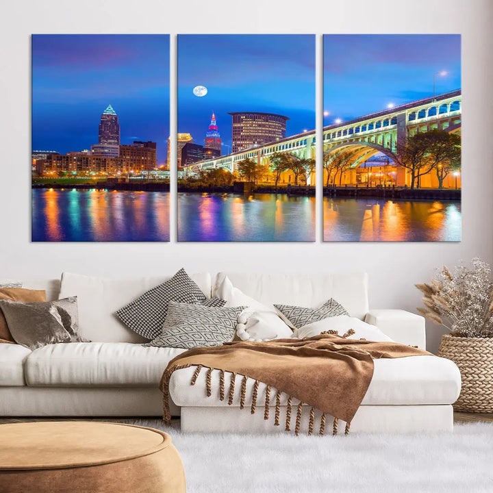 Cleveland Purple Night Skyline Wall Art Print Cityscape Canvas Ready to Hang