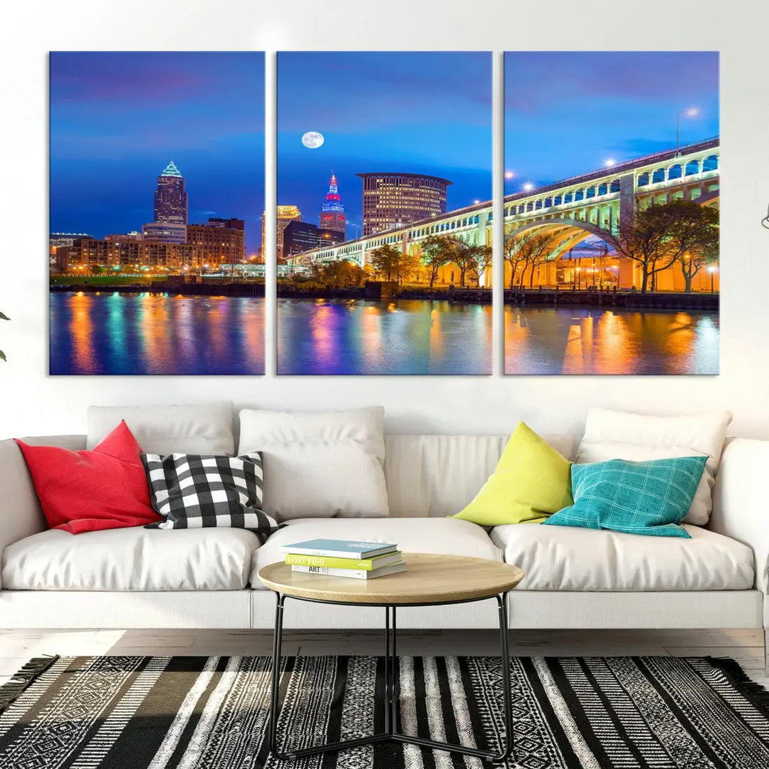 Cleveland Purple Night Skyline Wall Art Print Cityscape Canvas Ready to Hang