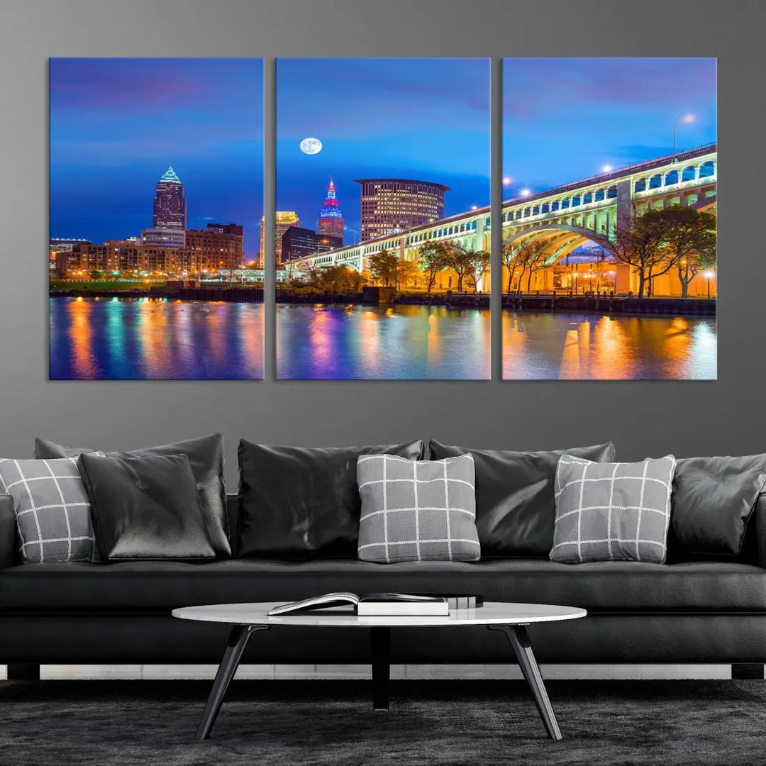 Cleveland Purple Night Skyline Wall Art Print Cityscape Canvas Ready to Hang