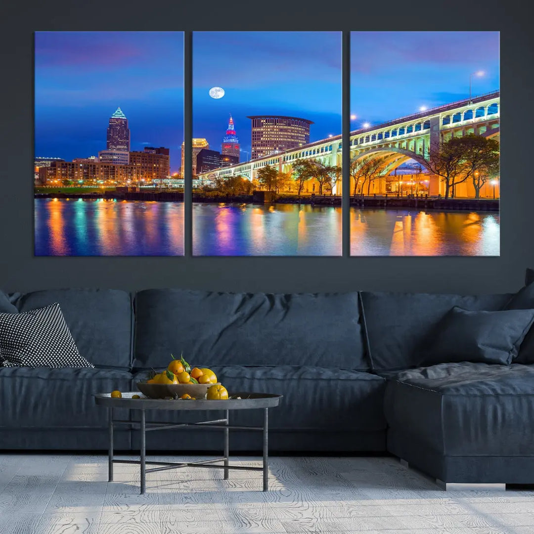 Cleveland Purple Night Skyline Wall Art Print Cityscape Canvas Ready to Hang