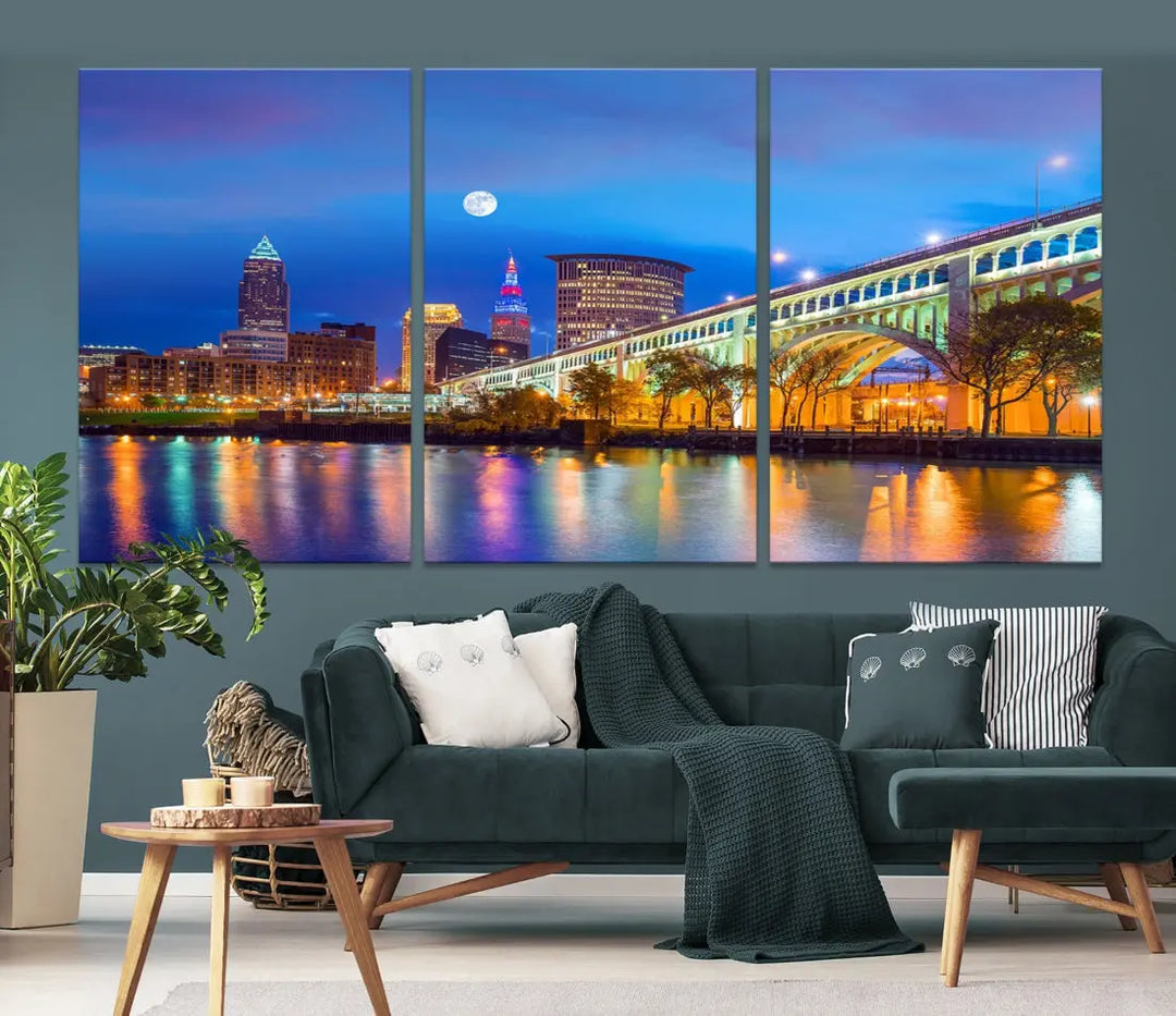 Cleveland Purple Night Skyline Wall Art Print Cityscape Canvas Ready to Hang