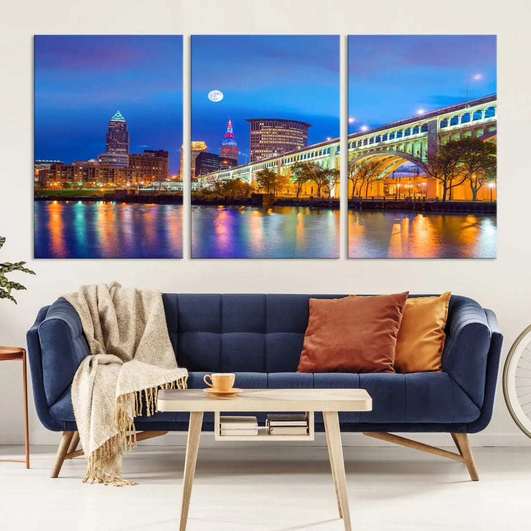 Cleveland Purple Night Skyline Wall Art Print Cityscape Canvas Ready to Hang