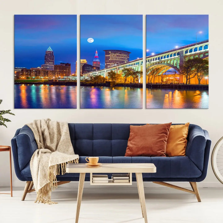 Cleveland Purple Night Skyline Wall Art Print Cityscape Canvas Ready to Hang