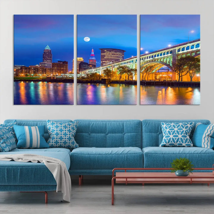 Cleveland Purple Night Skyline Wall Art Print Cityscape Canvas Ready to Hang