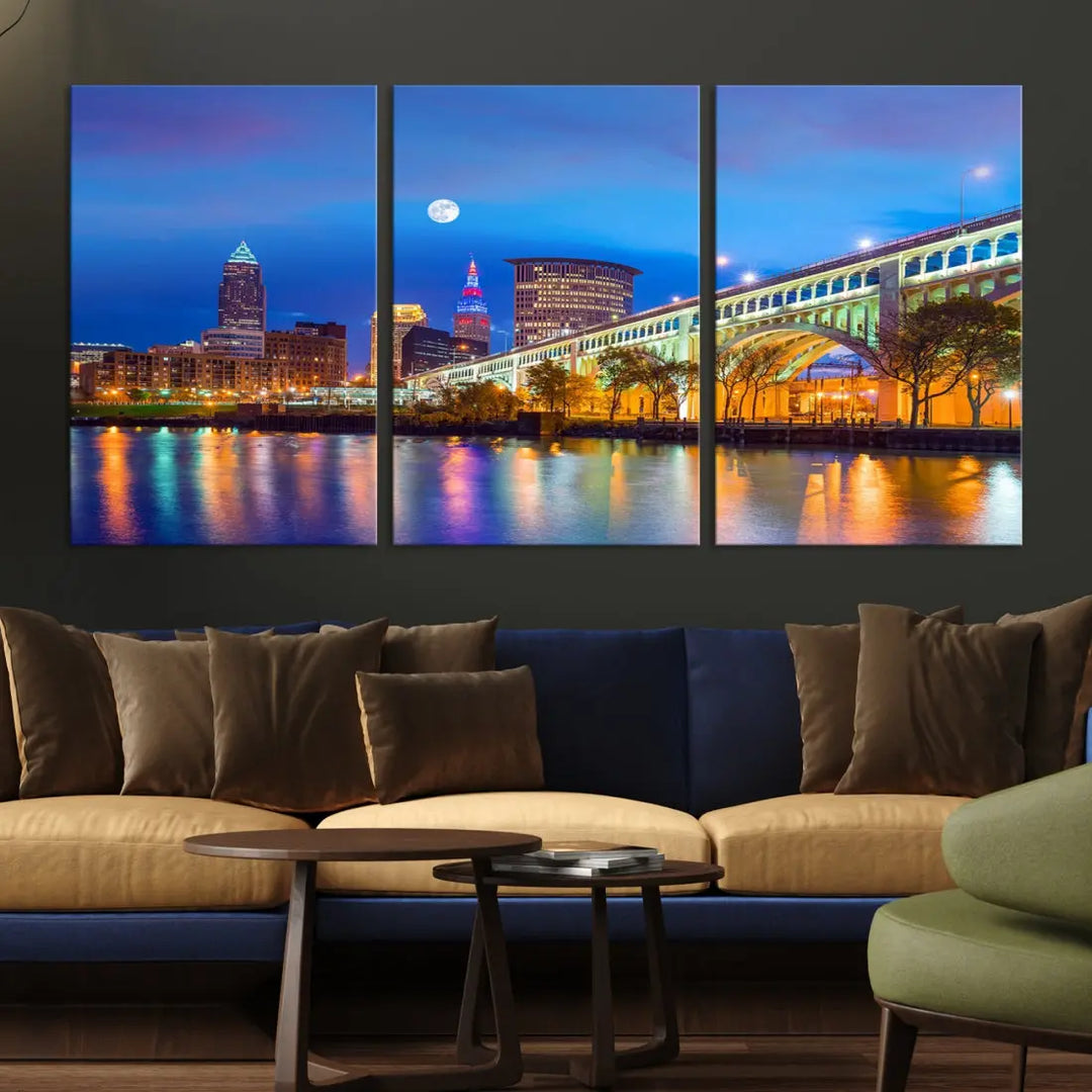 Cleveland Purple Night Skyline Wall Art Print Cityscape Canvas Ready to Hang