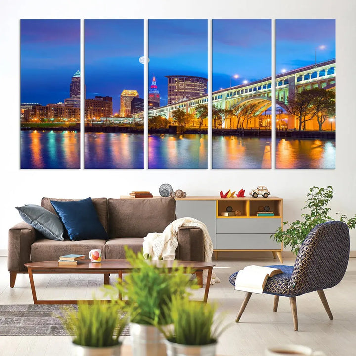 Cleveland Purple Night Skyline Wall Art Print Cityscape Canvas Ready to Hang