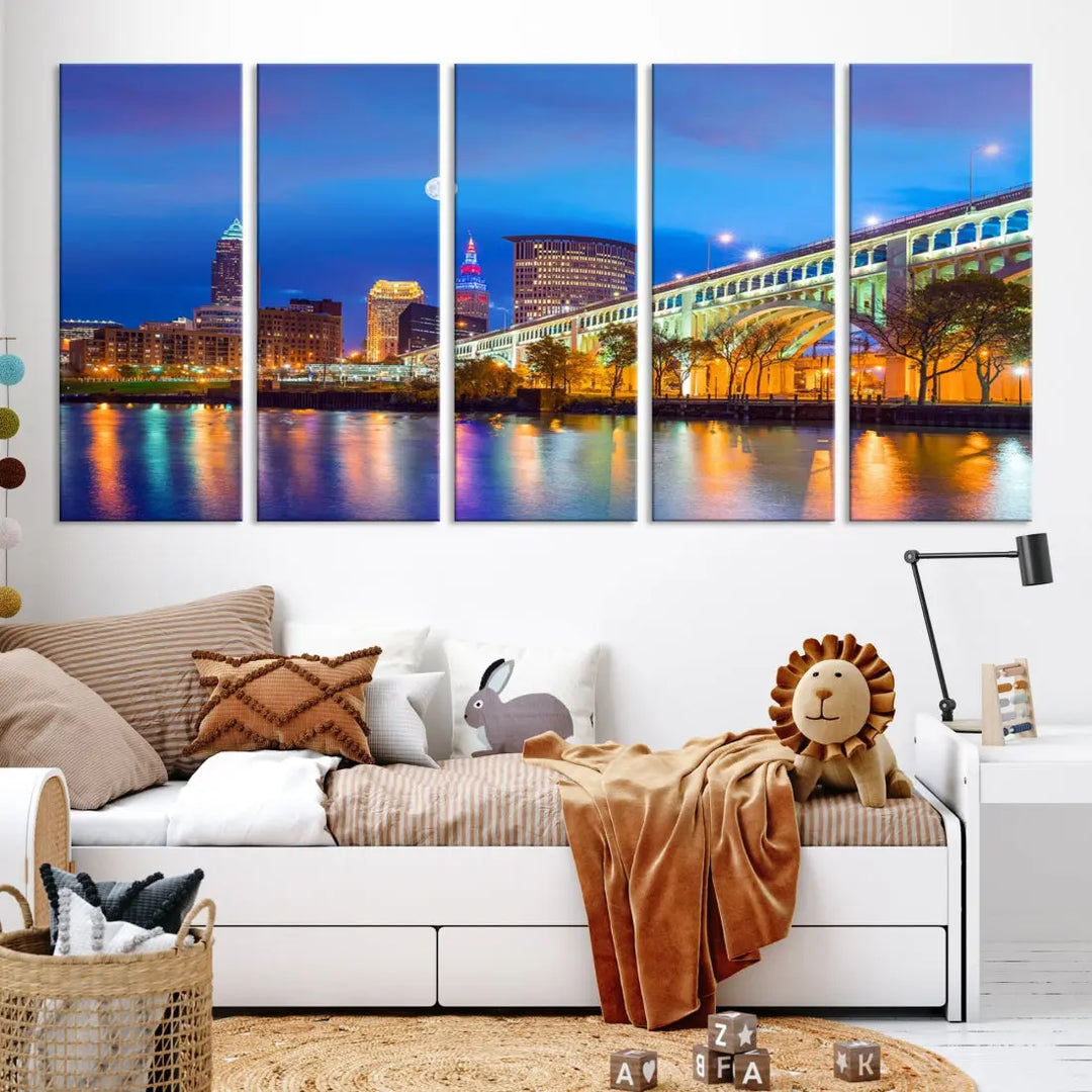 Cleveland Purple Night Skyline Wall Art Print Cityscape Canvas Ready to Hang