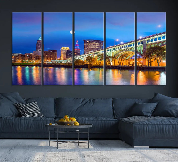 Cleveland Purple Night Skyline Wall Art Print Cityscape Canvas Ready to Hang