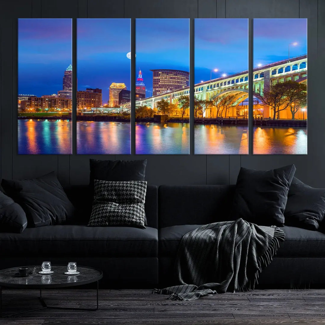 Cleveland Purple Night Skyline Wall Art Print Cityscape Canvas Ready to Hang