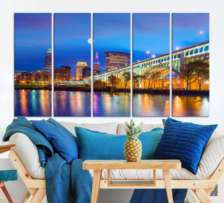 Cleveland Purple Night Skyline Wall Art Print Cityscape Canvas Ready to Hang