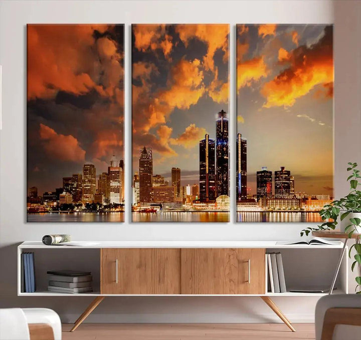 Cloudy Detroit Skyline Sunset Cityscape Large Wall Art Canvas Print